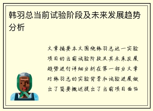 韩羽总当前试验阶段及未来发展趋势分析