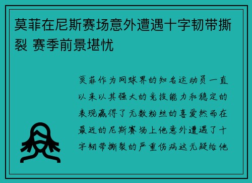 莫菲在尼斯赛场意外遭遇十字韧带撕裂 赛季前景堪忧